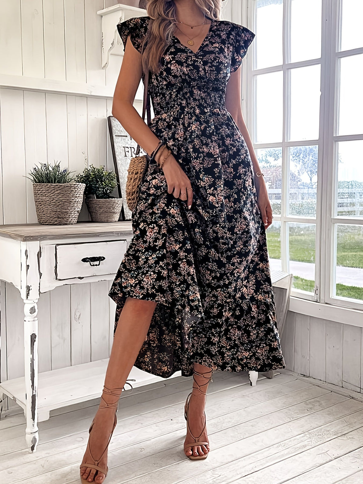 Black A-Line Dress for Women with Ruffle Sleeves and Elastic Waist, Lightweight Spring Fashion-4