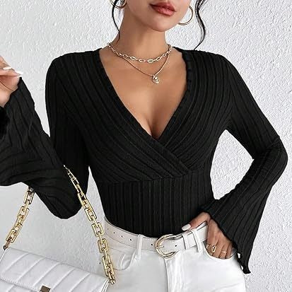 Women’s Stretchy Long Sleeve Top - V Neck, Ribbed Knit