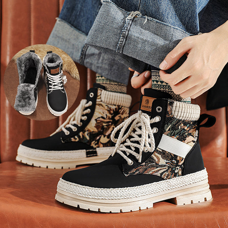 Men's Warm High-Top Boots - Lace-Up Leather Fabric, Winter