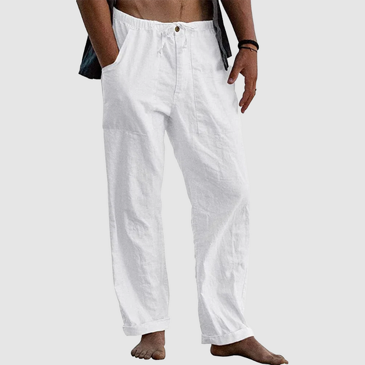 White Linen Pants for Women with Adjustable Waist Cord, Relaxed Fit Summer Trousers-3