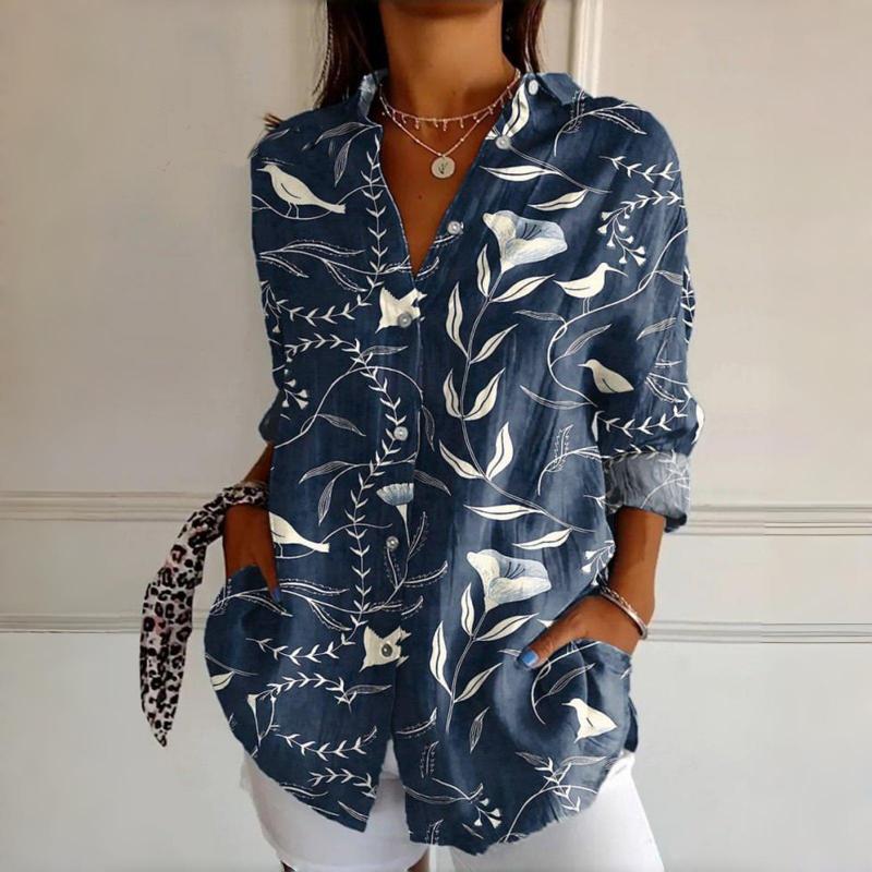 Vintage Leaf Print Womens Blouse with Long Sleeves and Lace Collar for Spring and Autumn-2