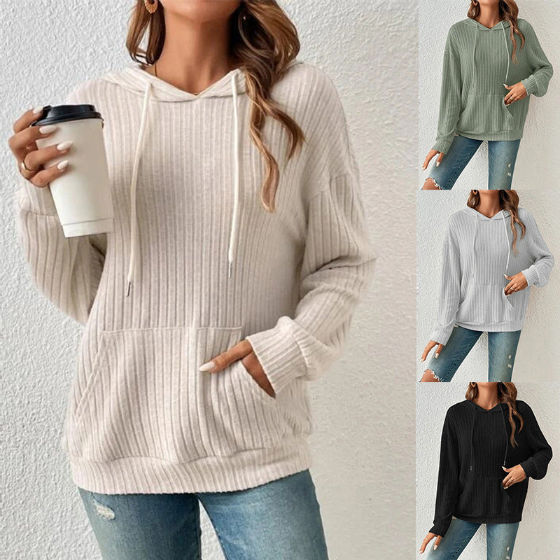 Plush Relaxed Women's Hooded Pullover - Ribbed Knit, Casual
