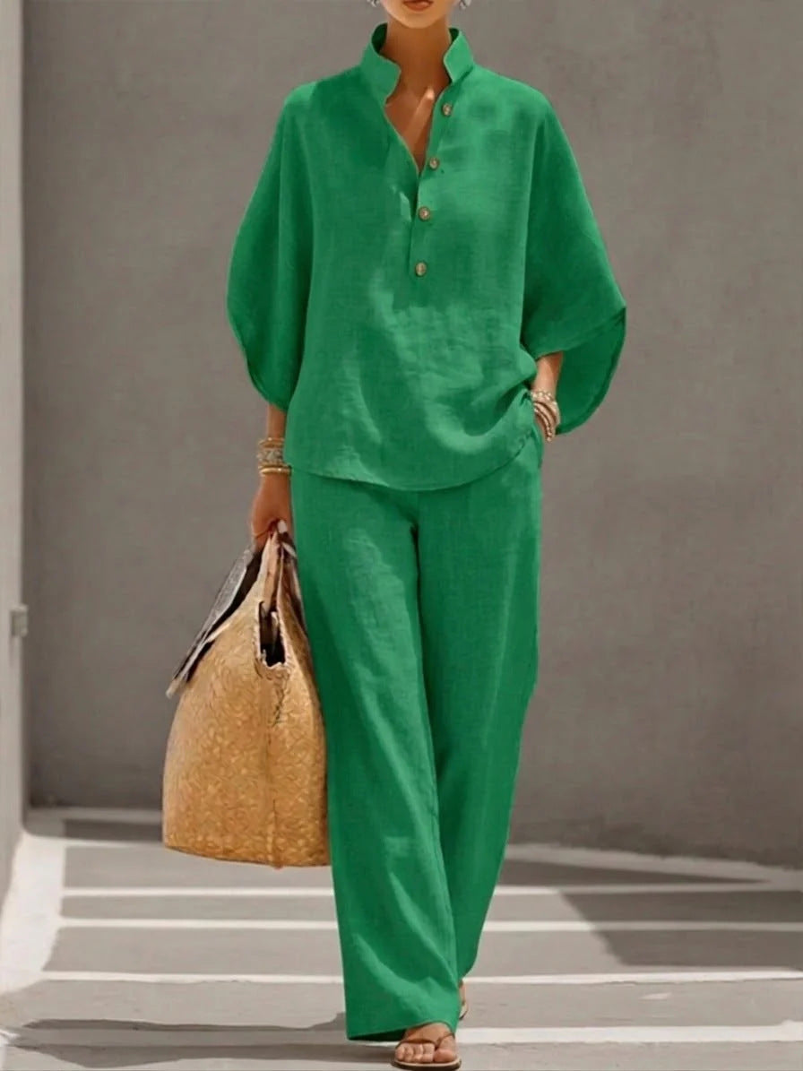Light Women's Suit Kit - Stand-Collar Pullover Top, Balloon Sleeves, Straight-Leg Trousers, Polyester, For Office