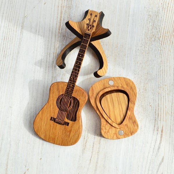 Organic Wood Guitar Pick Holder Case - Mini Acoustic Design for Musicians, Great Gift Idea