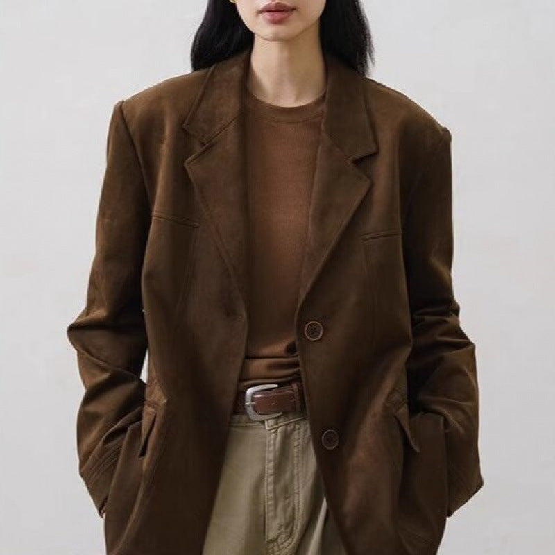 Plush women's blazer - tailored slim-fit, suede, for professional daily office wear