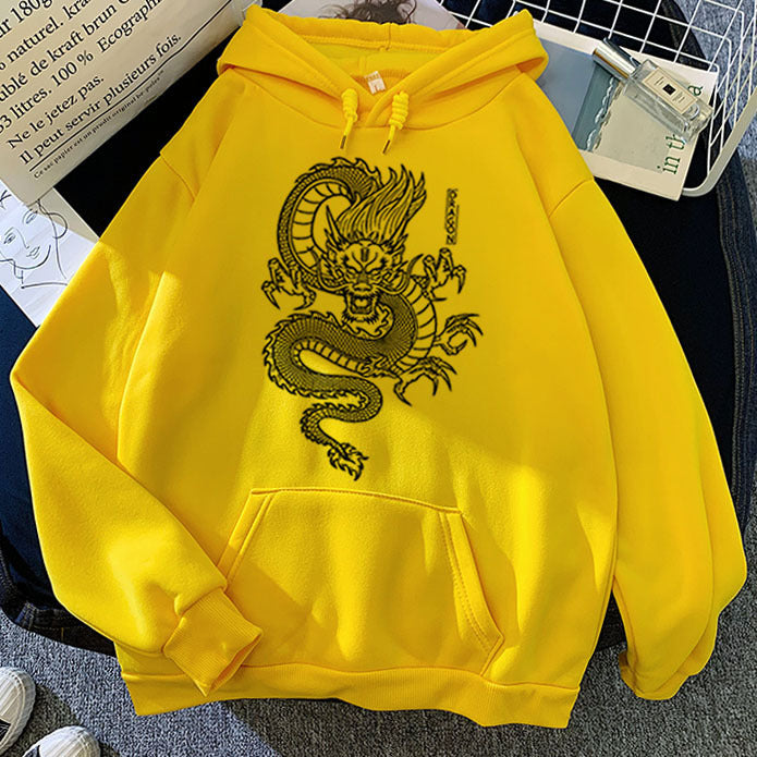 Men’s Warm Hoodie - Dragon Print Pullover, Polyester Casual