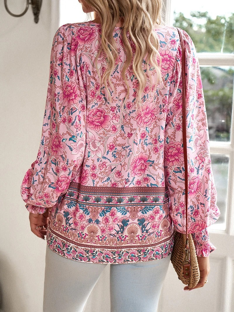 Summer Floral Blouse for Women, Lightweight Cotton Top with Adjustable Fit and Boho Design, Perfect for Casual Outings-3