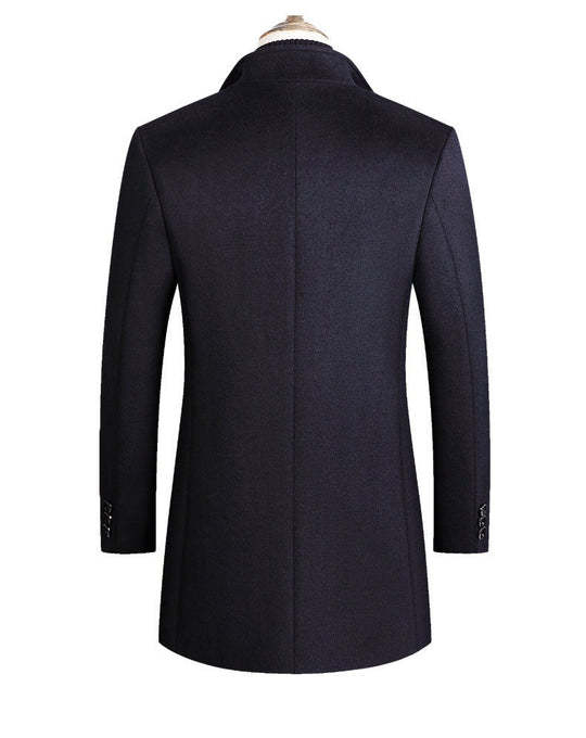 Men’s Warm Wool Coat - Single-Breasted Mid-Thigh, Winter