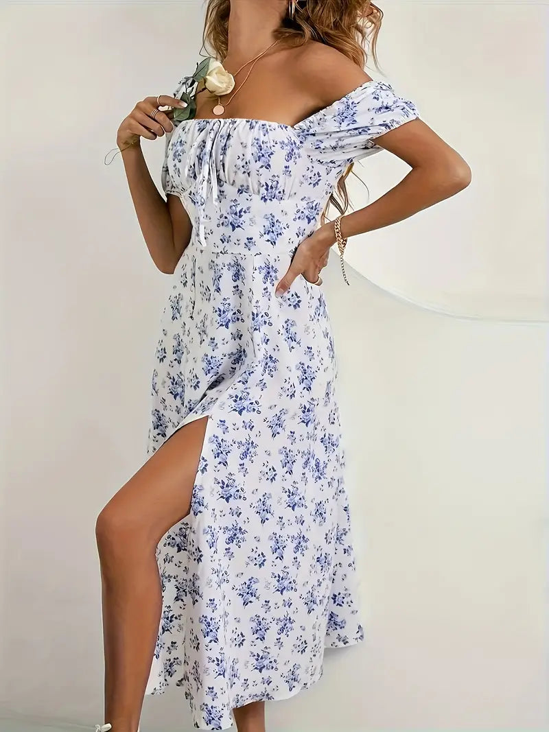 Variant image for A-Line Floral Summer Dress with Puffed Sleeves for Women - Lightweight Formal Wedding Guest Dresses in Yellow, Green, Pink, Blue-16