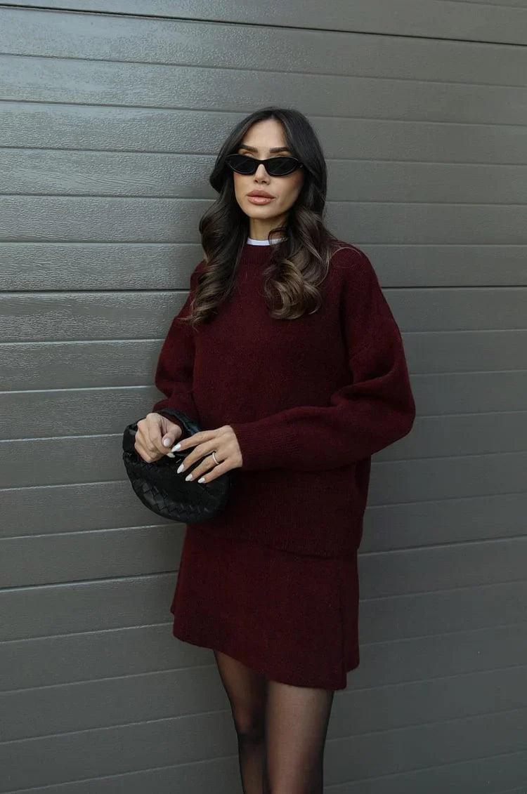 Plush Flattering Women’s Sweater Skirt Kit - Pullover Crewneck, Knit High-Waist A-Line Mini Skirt For Fall