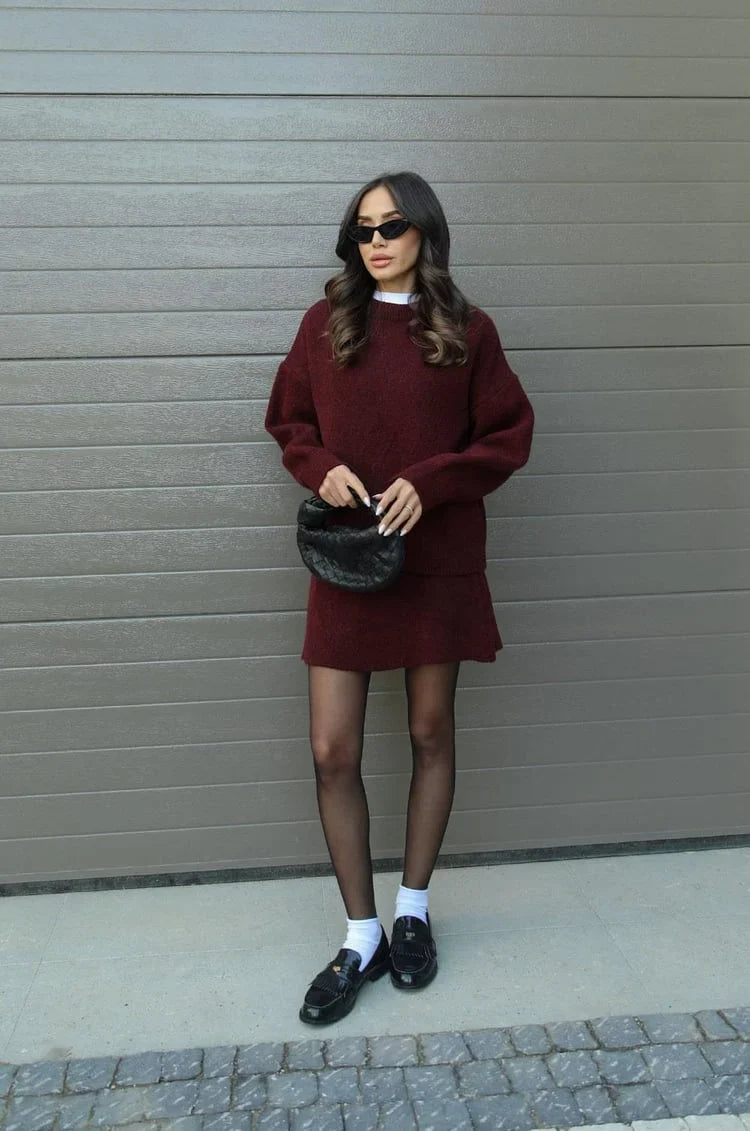 Plush Flattering Women’s Sweater Skirt Kit - Pullover Crewneck, Knit High-Waist A-Line Mini Skirt For Fall