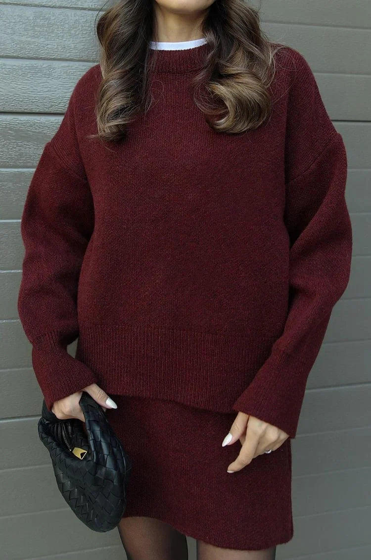 Plush Flattering Women’s Sweater Skirt Kit - Pullover Crewneck, Knit High-Waist A-Line Mini Skirt For Fall