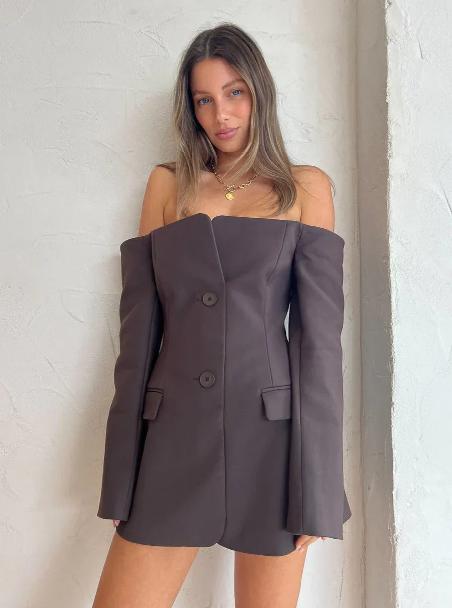 Tailored Off-Shoulder Blazer with Built-In Corset in Italian Suiting Fabric, Long Sleeve Elegant Fit-3