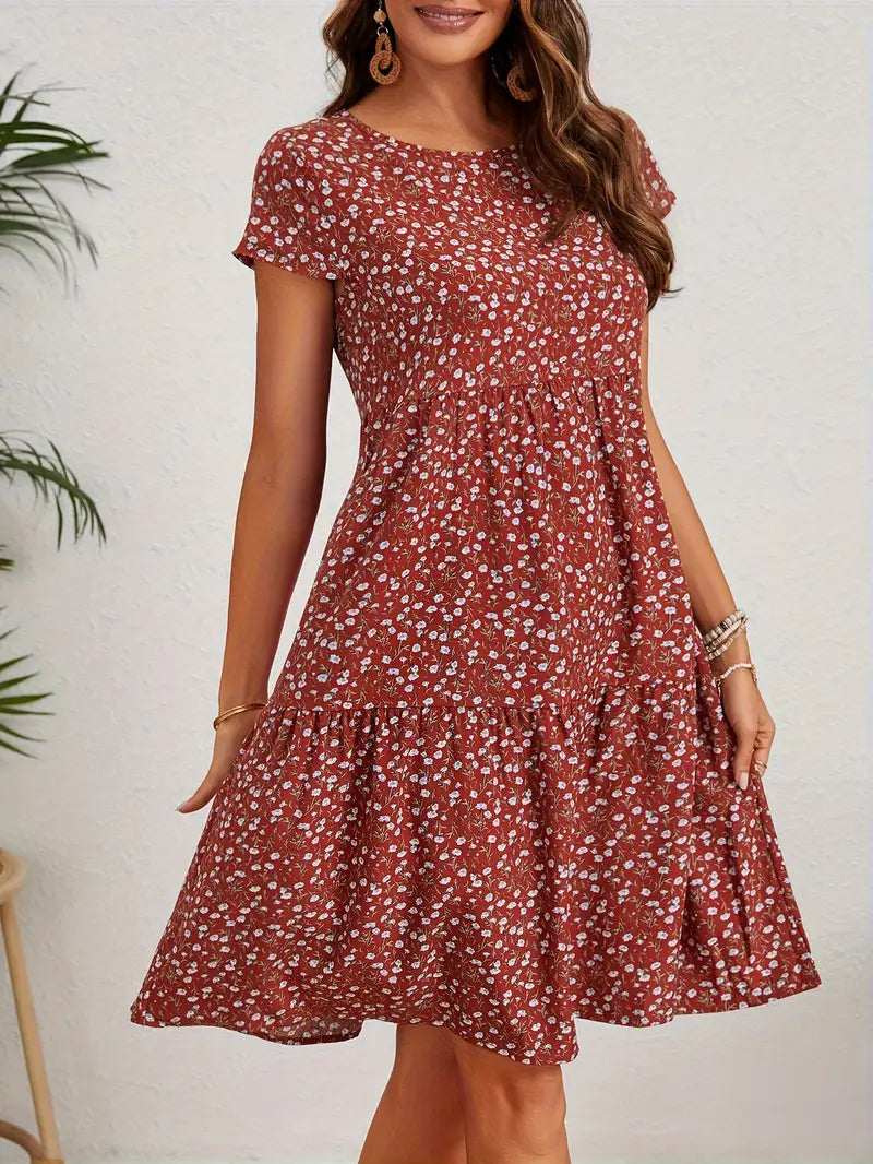 Variant image for Vintage Floral Wedding Guest Dress with Circular Neckline and Short Sleeves in Turquoise, Blue, and Burgundy-11