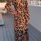 V-Neck A-Line Long Sleeve Midi Dress with Leopard Print for Women, Stylish Casual Cotton Blend-2