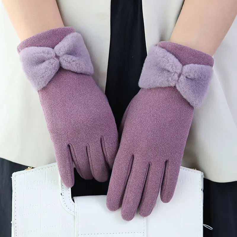 Women Warm Gloves - Bow Cuff, Fleece Lined, For Winter