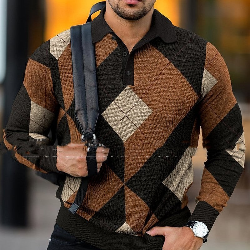 Plush Textured Men's Polo Sweater - Patterned Knit, Cotton