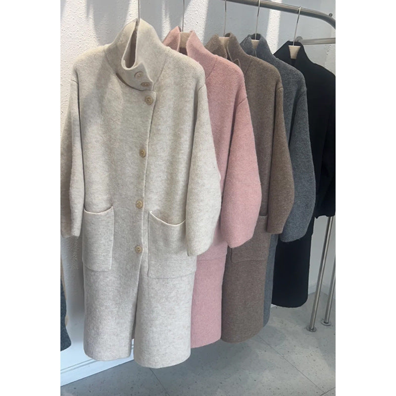 Cozy Warm Womens Wool Midlength Overcoat - Turtleneck Knit