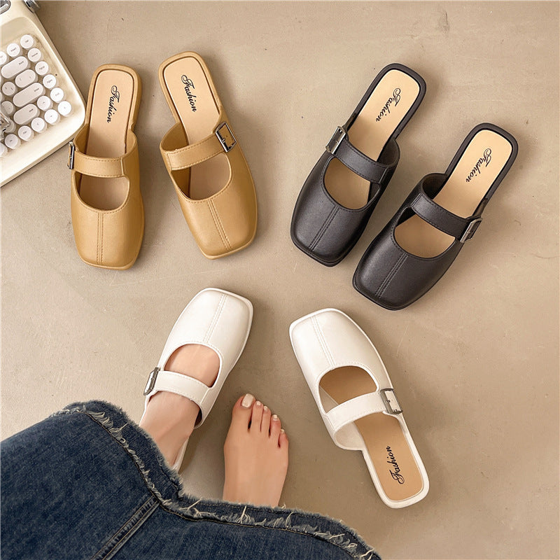 French-style vintage closed-toe flat, PVC, everyday wear – Plush women's slippers