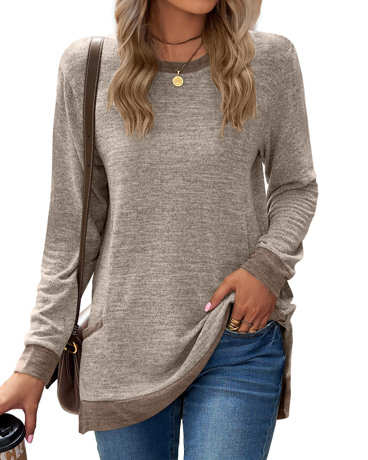 Plush Relaxed Women’s Long Sleeve Pullover - Round Neck Tunic, Cotton Cashmere Knit, Pocketed Mid Length Top For Casual Wear
