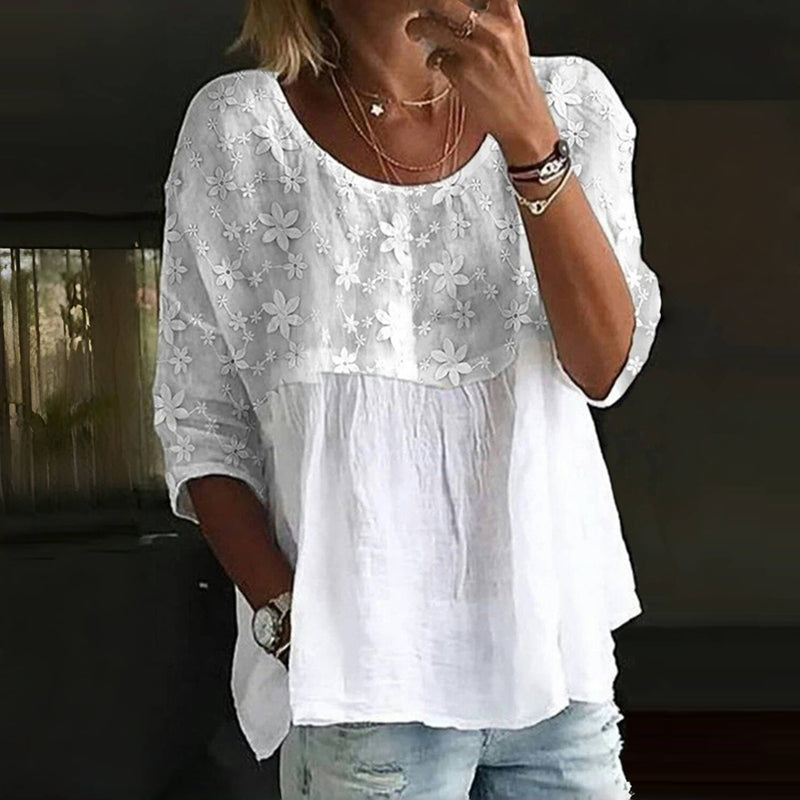 Embroidered Flower Blouse for Women, Three-Quarter Sleeve Summer Top, Cotton-Polyester Blend, Casual Spring Apparel-1