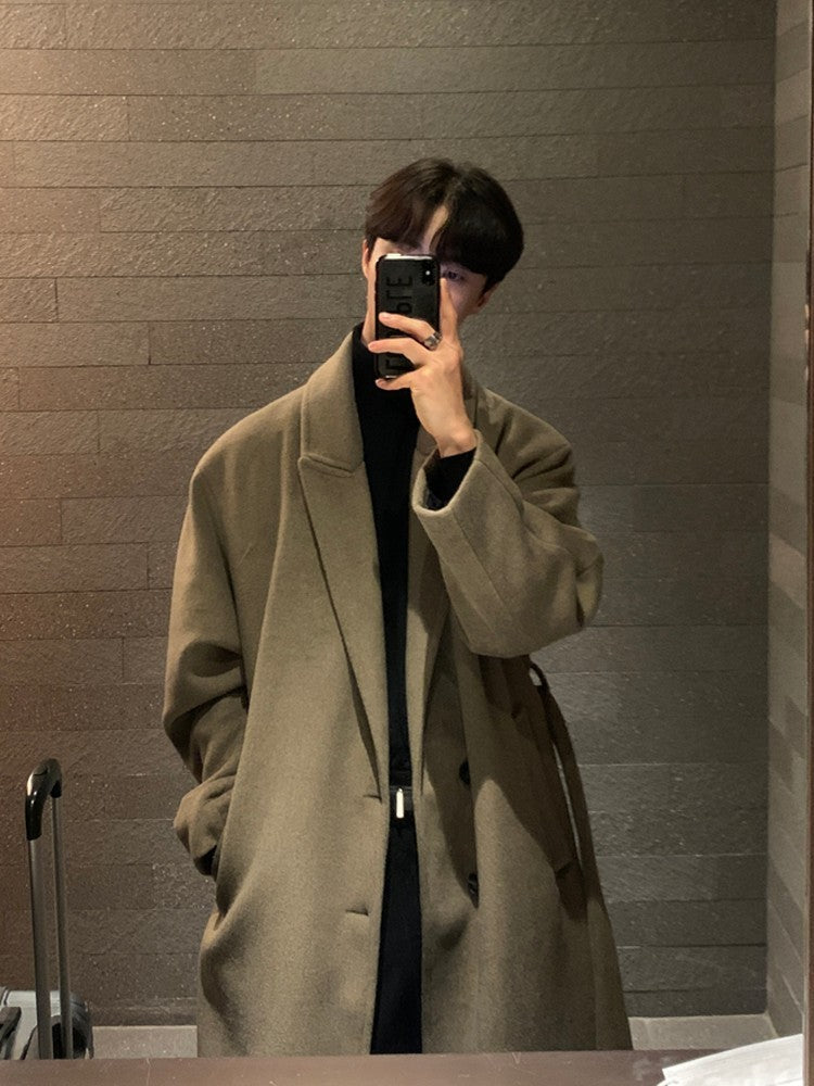 Men's Warm Trench Coat - Single-Breasted, Wool, Winter