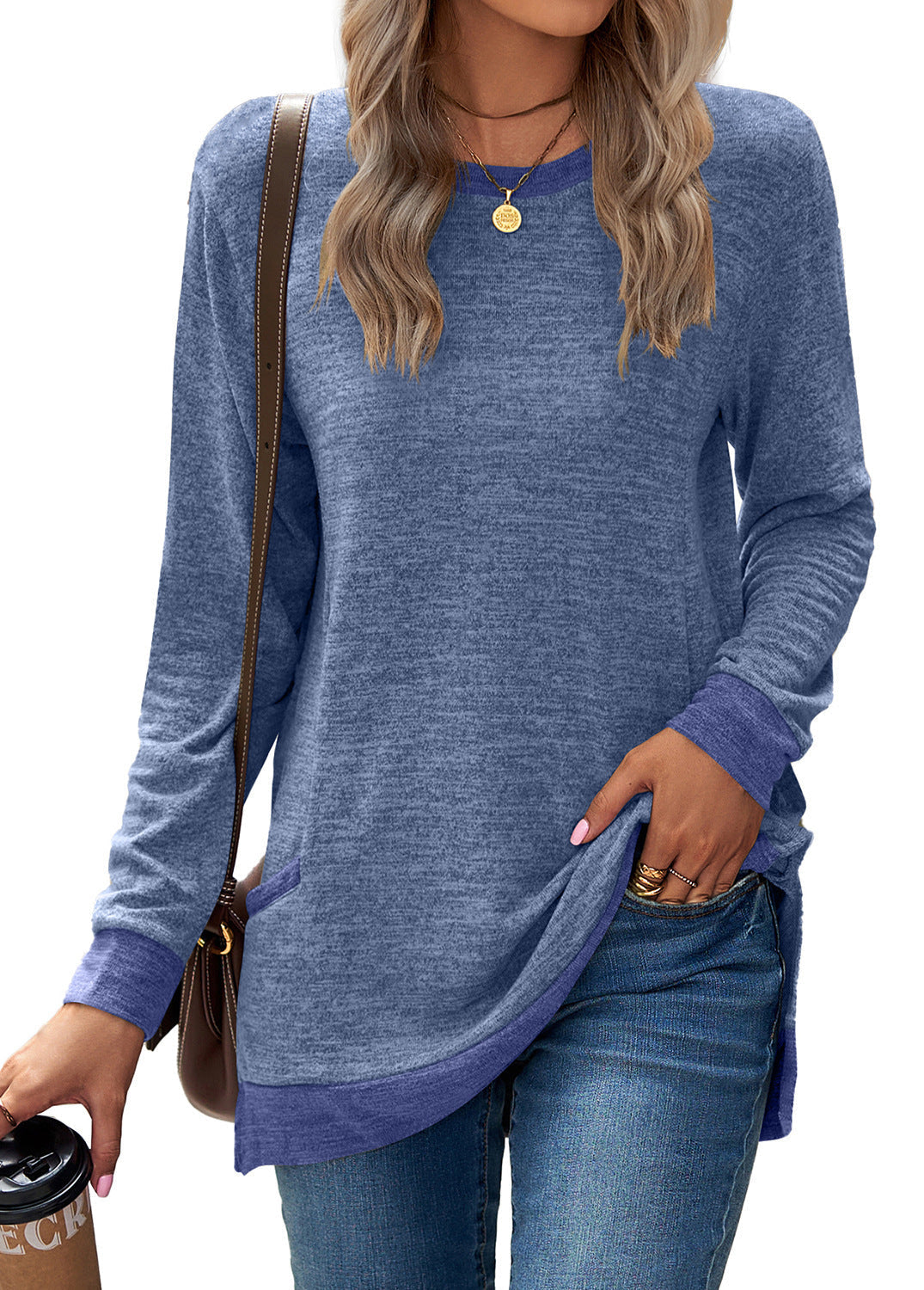 Plush Relaxed Women’s Long Sleeve Pullover - Round Neck Tunic, Cotton Cashmere Knit, Pocketed Mid Length Top For Casual Wear