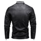 men's Warm leather motorcycle jacket - biker-cut with quilted shoulders and racing stripes, PU leather, for autumn rides