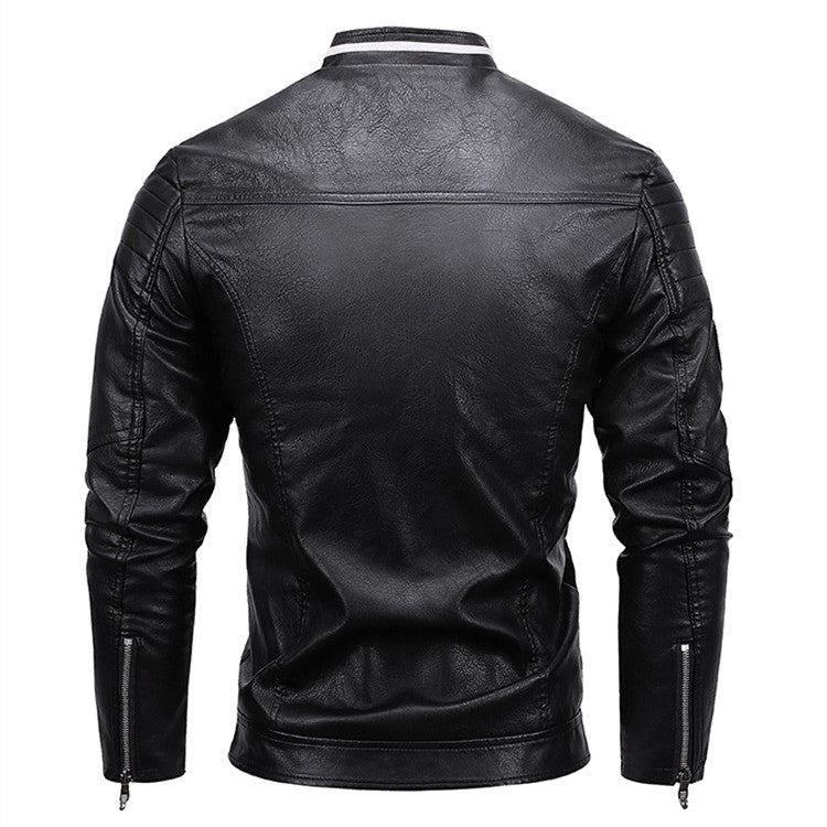 men's Warm leather motorcycle jacket - biker-cut with quilted shoulders and racing stripes, PU leather, for autumn rides
