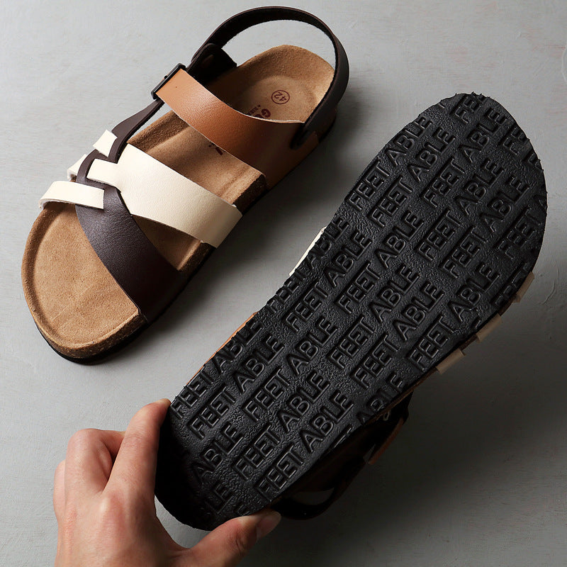 Light Men's Sandals - Hollow-Out Design, Cork Footbed, Casual Regular Wear