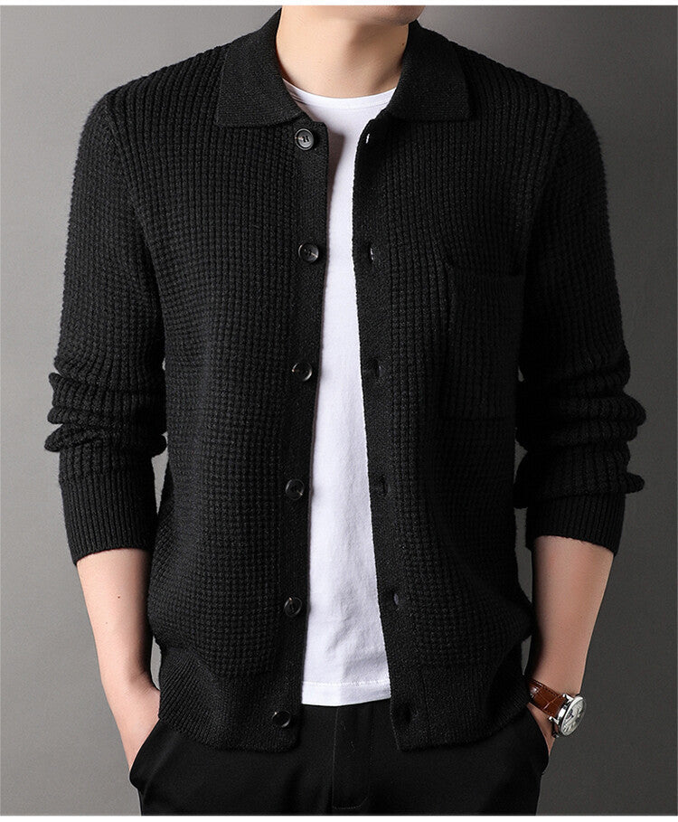 Textured Warm Men's Cardigan - Polo Lapel, Knit For Autumn
