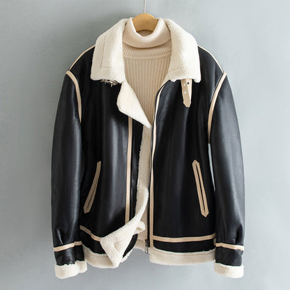 Unisex Warm Jacket - Shearling-Lined Faux Leather, Biker Style, Zip Front, For Winter Wear
