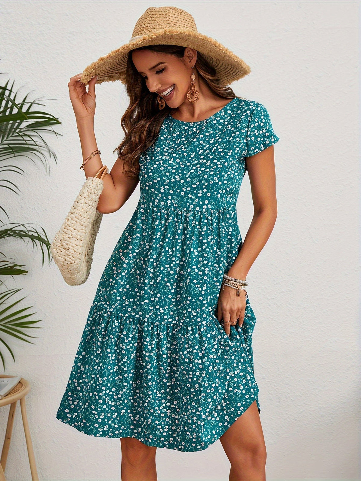 Vintage Floral Wedding Guest Dress with Circular Neckline and Short Sleeves in Turquoise, Blue, and Burgundy-1