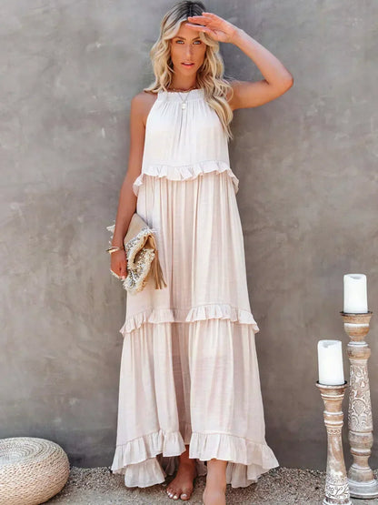 Variant image for Elegant Halter Ruffle Floral Maxi Dress for Women, Lightweight Bohemian Long Dress, Flowing Fit-1