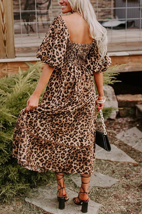 Leopard Print Maxi Dress with Puff Sleeves, Gathered Design, Long Dress for Women, Casual Chic Style-4