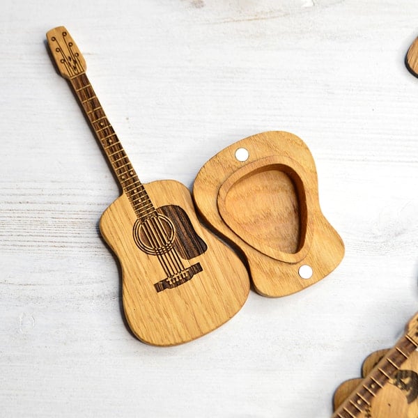 Organic Wood Guitar Pick Holder Case - Mini Acoustic Design for Musicians, Great Gift Idea