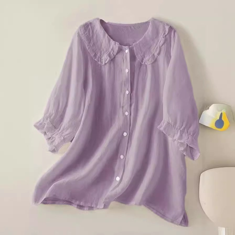 Plush women's shirt - Claudine collar, half-sleeve, relaxed fit, casual everyday wear with denim