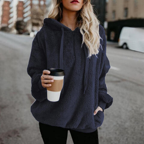 Plush Relaxed Women's Hoodie - Pullover Half Zip, Fleece