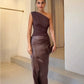 women's Fitted dress - asymmetric one-shoulder sheath, satin, for formal evening events and special occasions