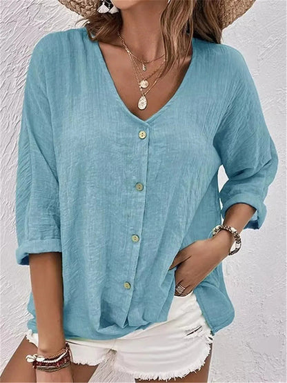 Variant image for V-Neck Button-Up Women's Top - Lightweight Blouse for Women, Versatile Casual Elegance, Flattering Fit, Sizes S-3XL-2