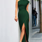 Elegant Black Evening Dress with Asymmetrical Slit and Split Neck Design - Formal Wedding Guest Gown-3