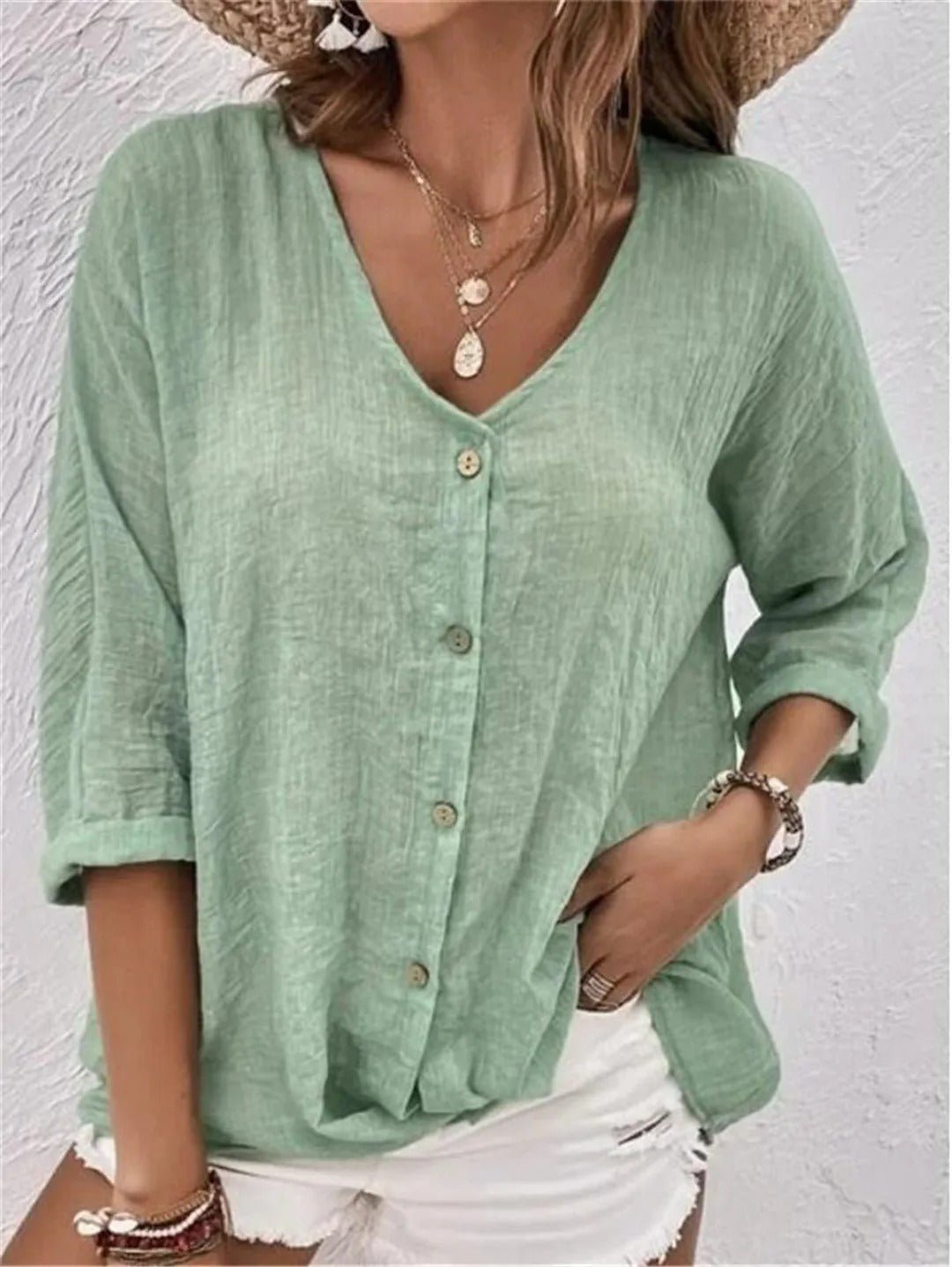 Variant image for V-Neck Button-Up Women's Top - Lightweight Blouse for Women, Versatile Casual Elegance, Flattering Fit, Sizes S-3XL-7