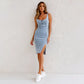 Variant image for Washed Denim Midi Dress with Adjustable Straps, Bodycon Fit, Side Slit, Deep Circular Neckline for Women-6