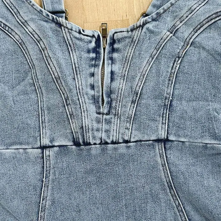 Washed Denim Midi Dress with Adjustable Straps, Bodycon Fit, Side Slit, Deep Circular Neckline for Women-5
