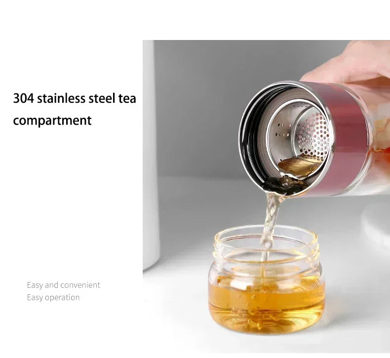 Infuser Tea Bottle Borosilicate Glass 430ml Double Layer With Built-In Strainer Leak-Proof Lid Fall 2025 Gift