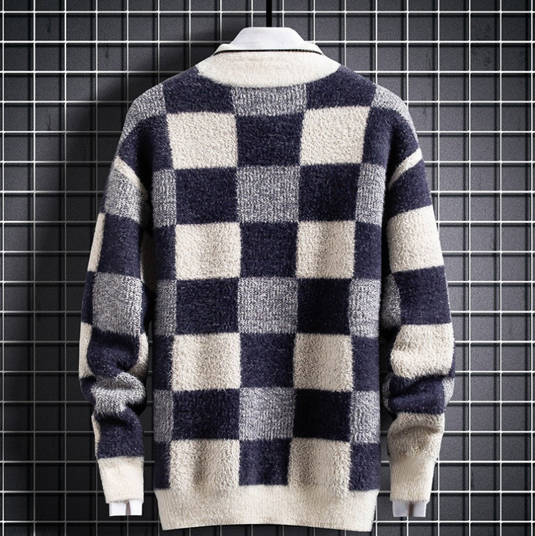 Mens Warm Crew Sweater - Checked Knit, Nylon, For Winter