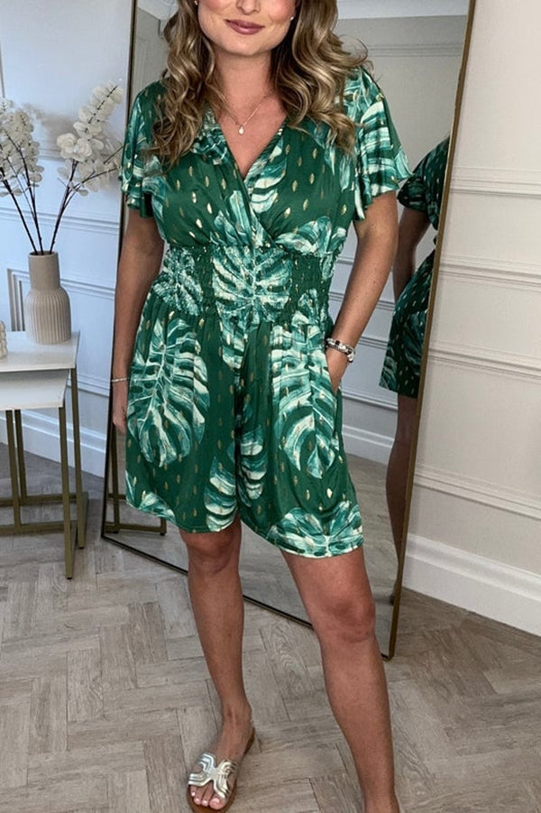 Variant image for Leafy Print Women's Romper with Smocked Waist, Casual Jumpsuit for Summer Outings and Beach Wear-19