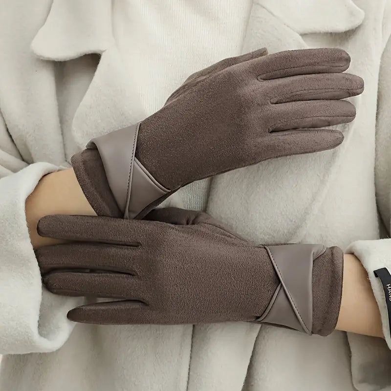 Women's Warm Winter Gloves - Faux Leather Cuff, Fleece