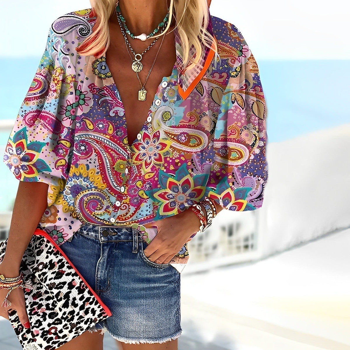 Variant image for Mandala Printed Women's Shirt in Soft Knitted Fabric, Relaxed Fit for Autumn and Winter-1