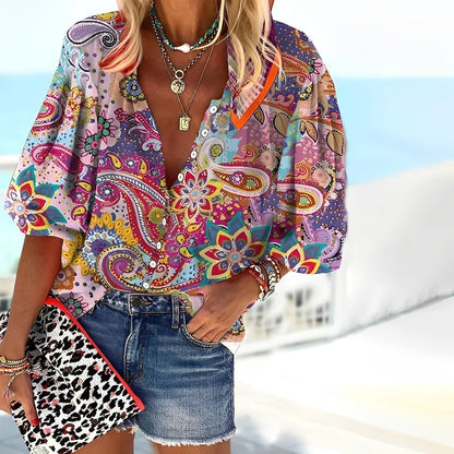 Variant image for Mandala Printed Women's Shirt in Soft Knitted Fabric, Relaxed Fit for Autumn and Winter-1